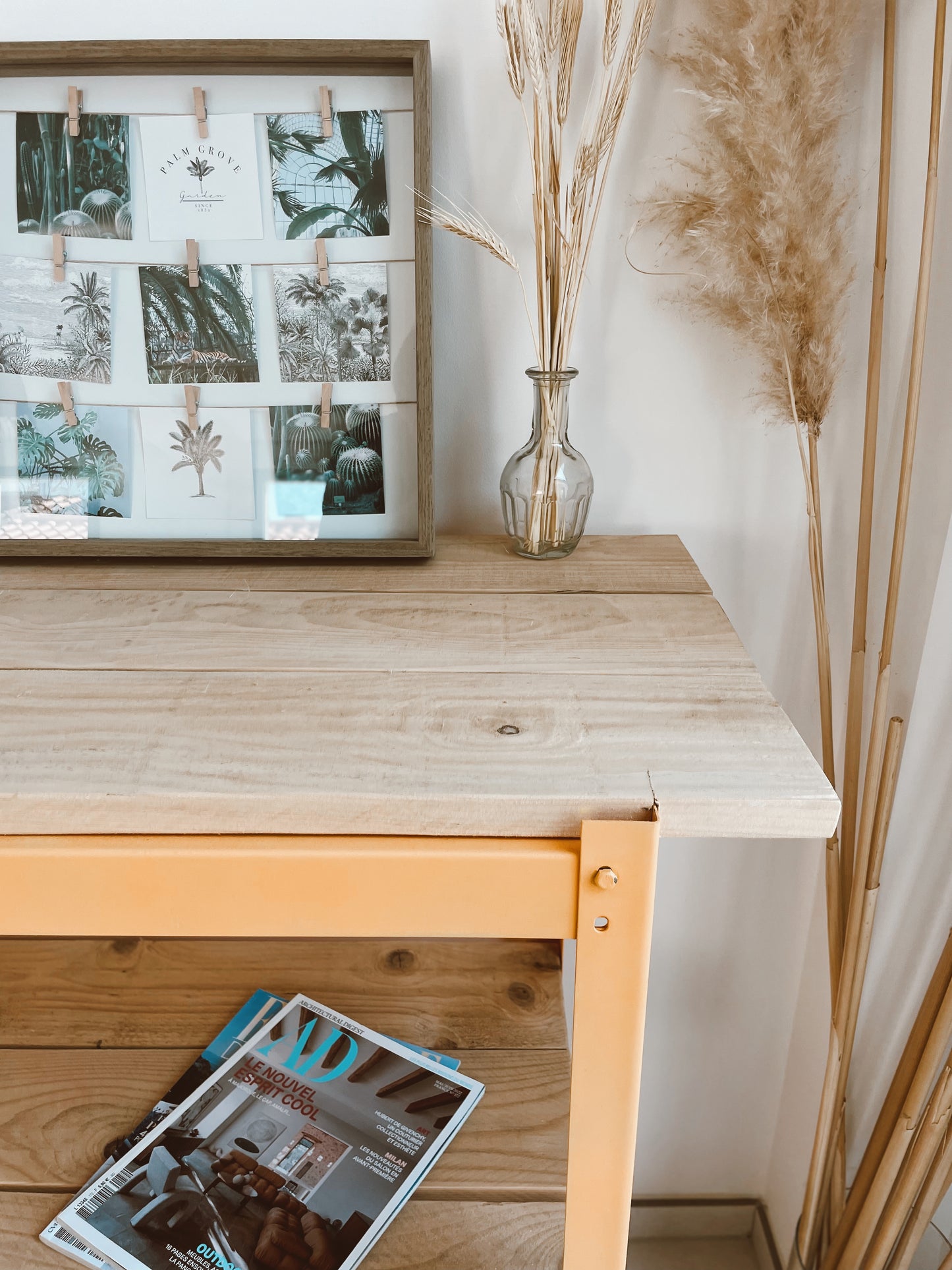 Console Etabli métal orange et bois