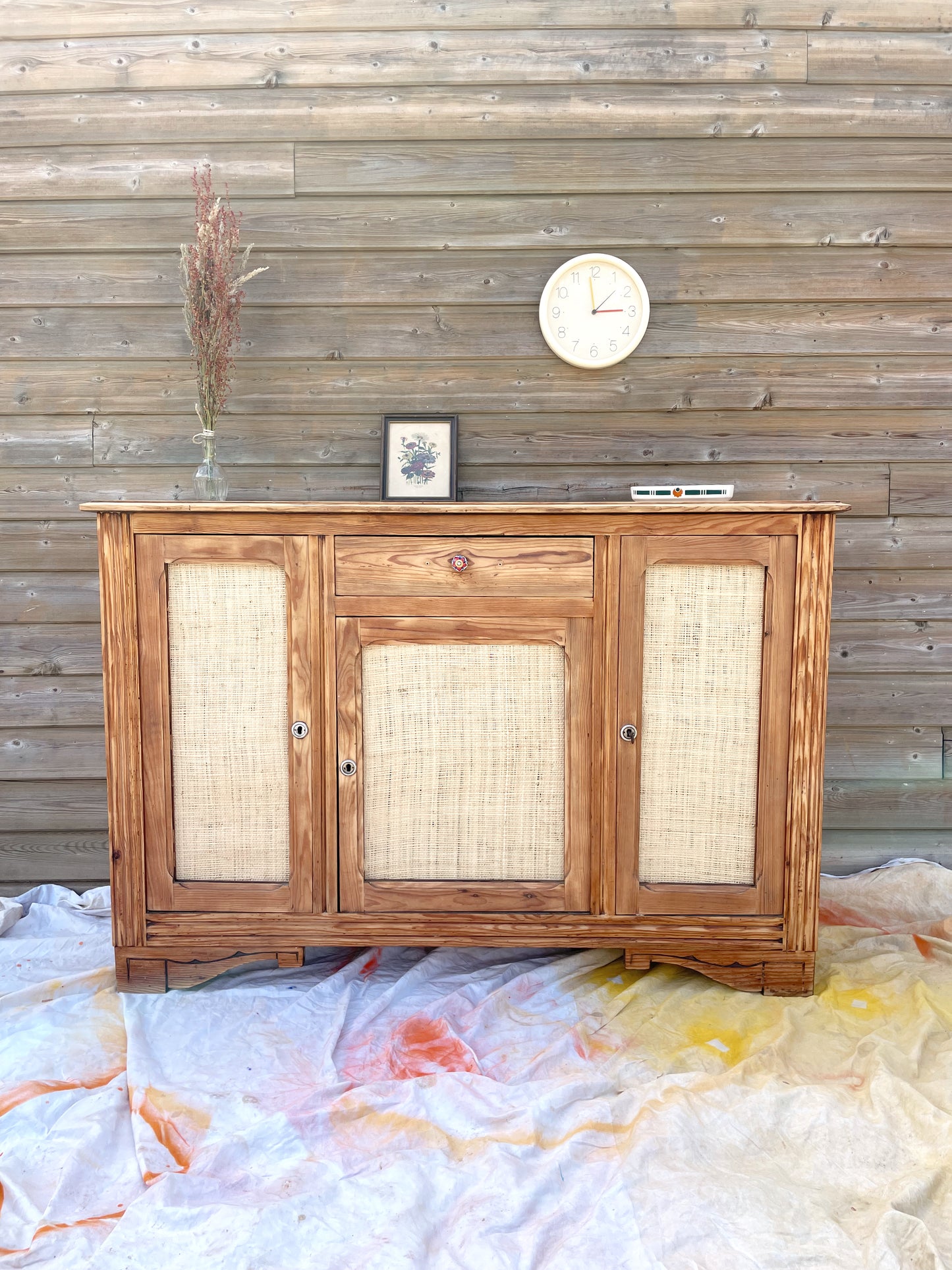 Buffet Vintage 3 portes bois brut & Raphia