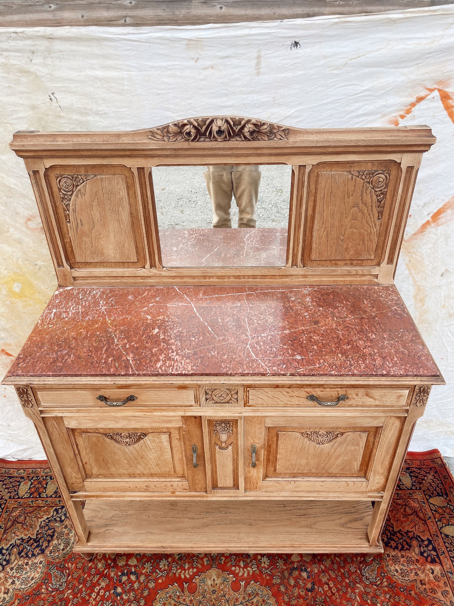 Buffet art deco bois brut, marbre et miroir