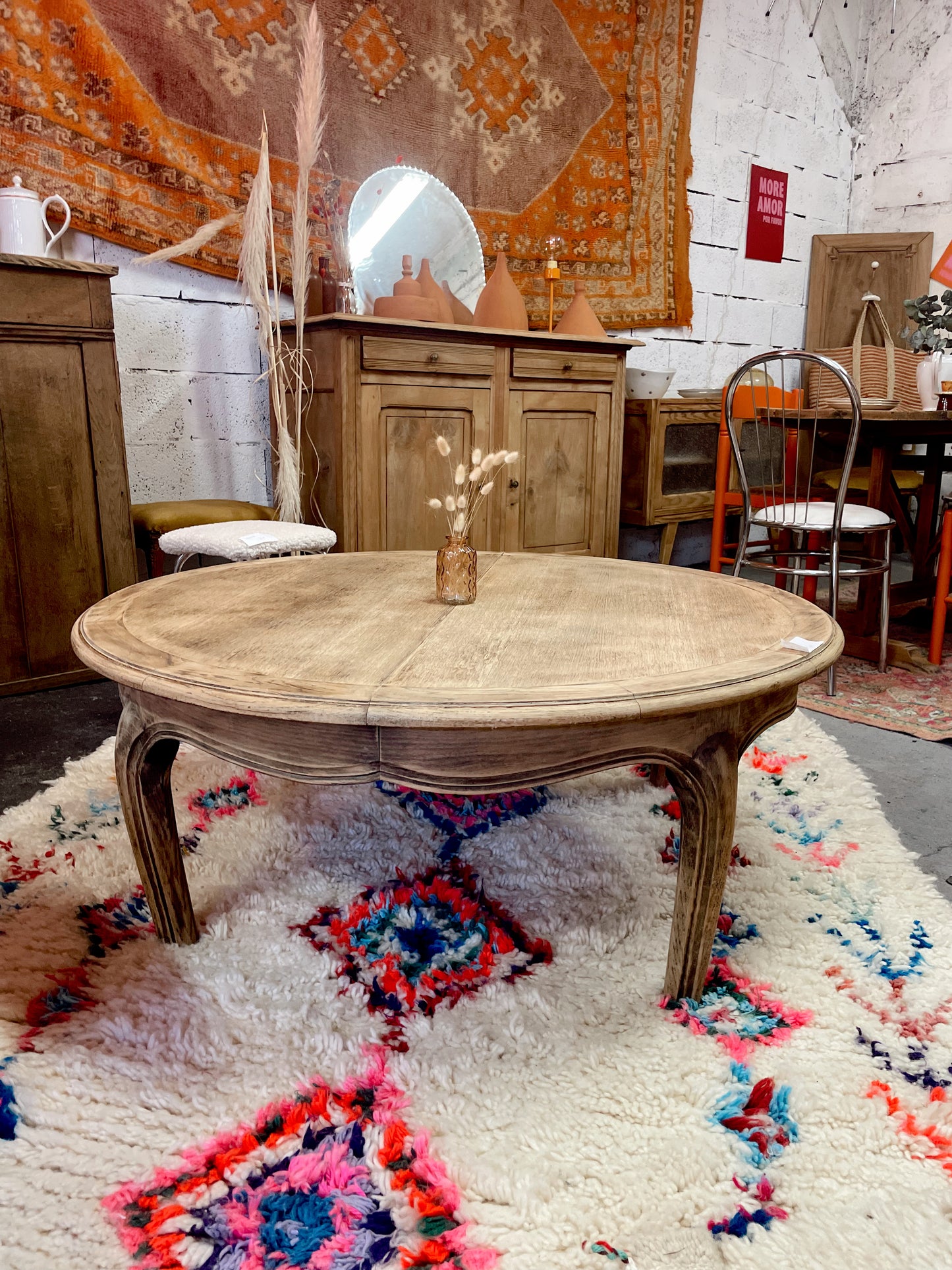 Table basse ronde vintage bois brut