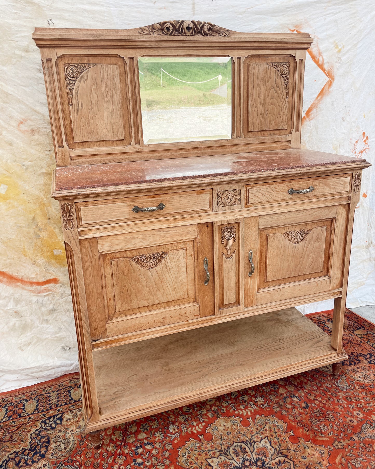 Buffet art deco bois brut, marbre et miroir