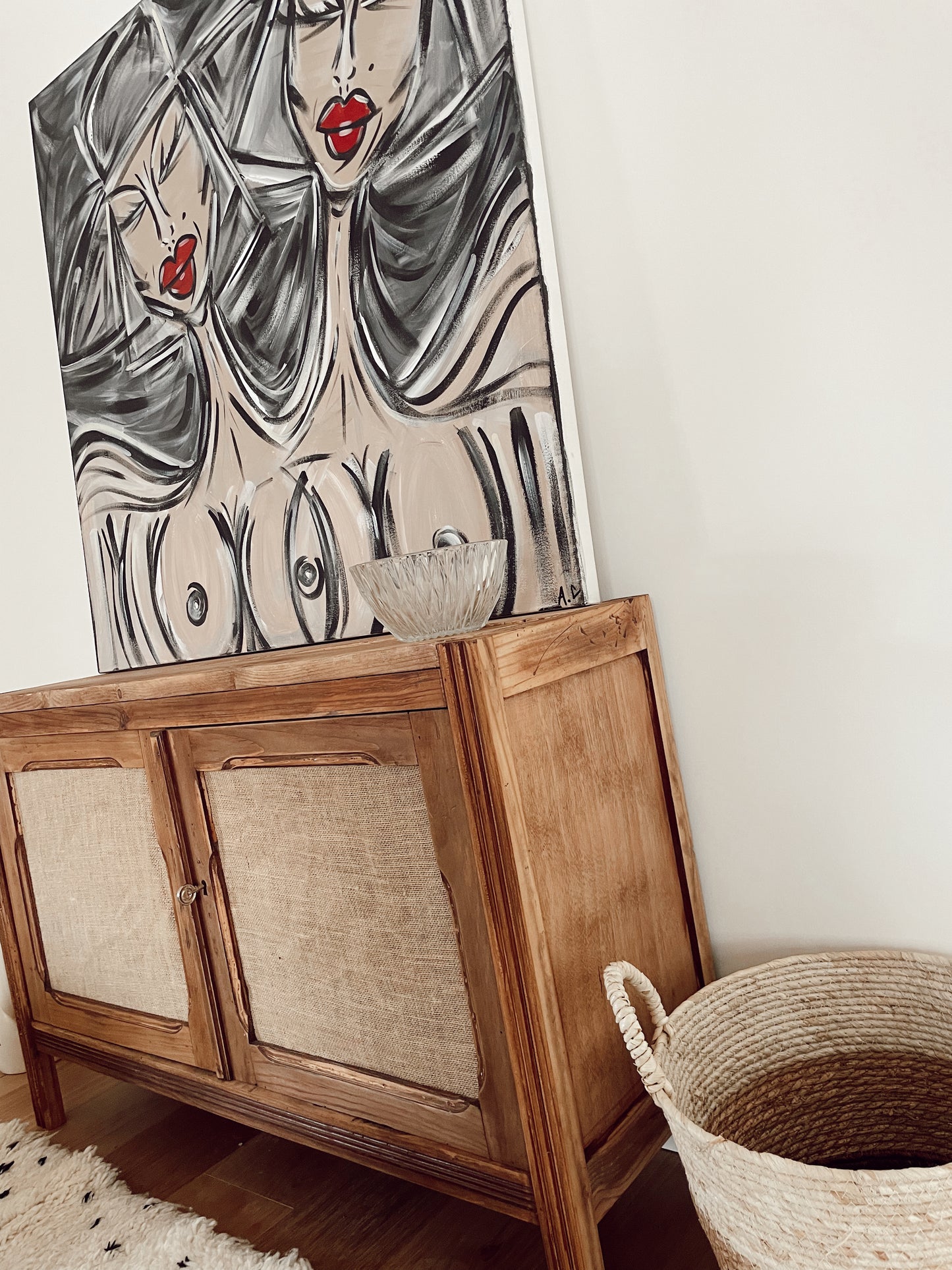 Buffet bas bois brut et Toile de Jute