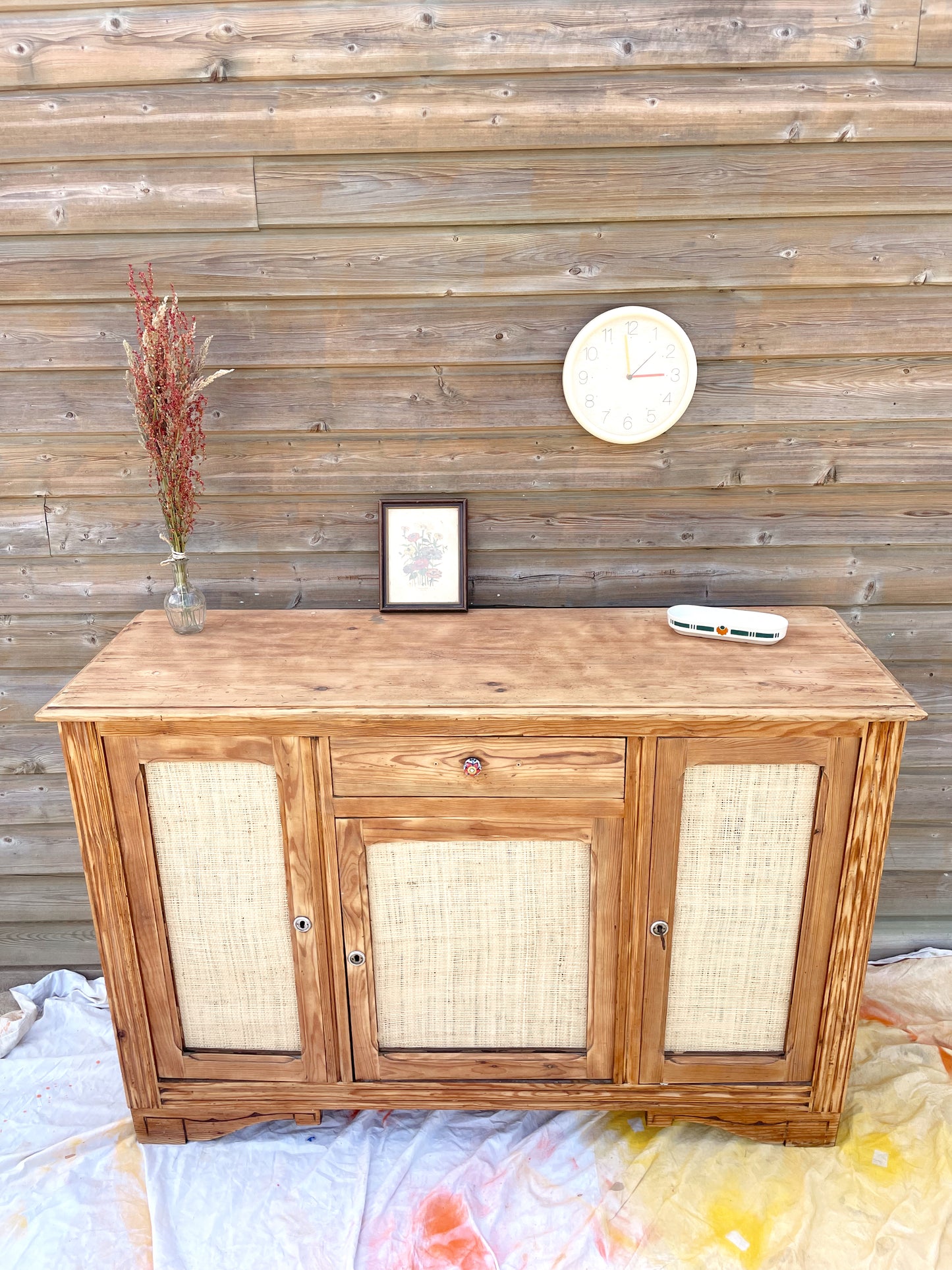 Buffet Vintage 3 portes bois brut & Raphia