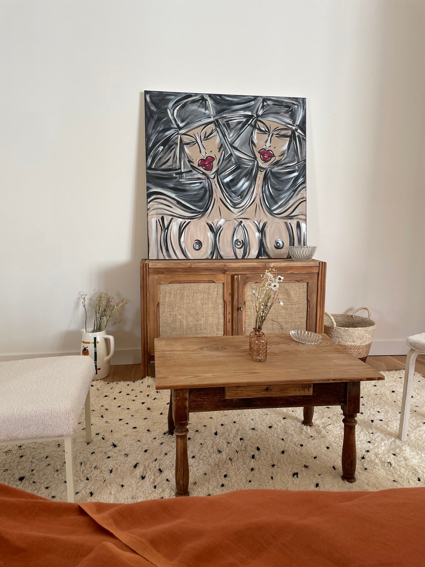 Buffet bas bois brut et Toile de Jute