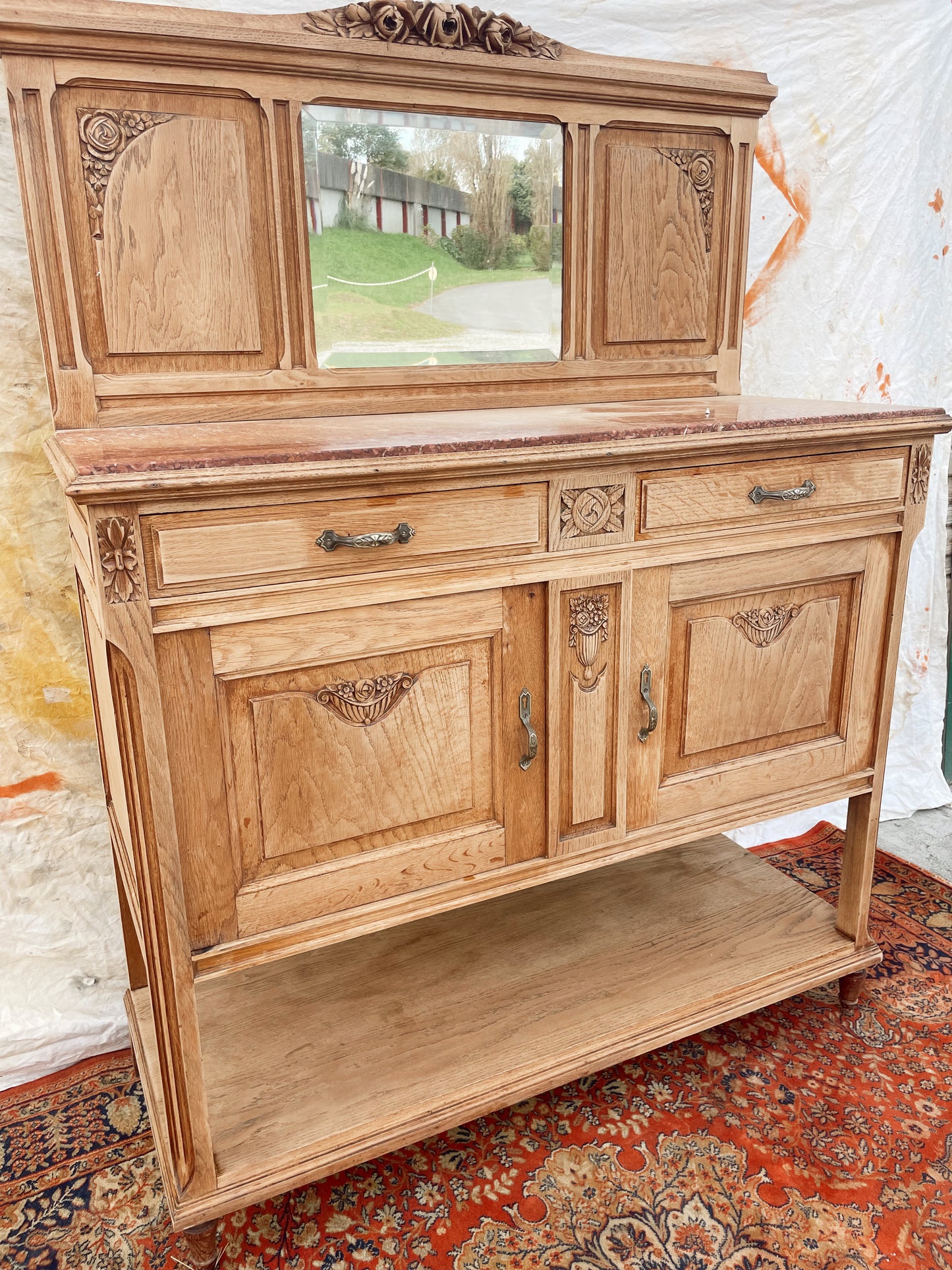 Buffet art deco bois brut, marbre et miroir