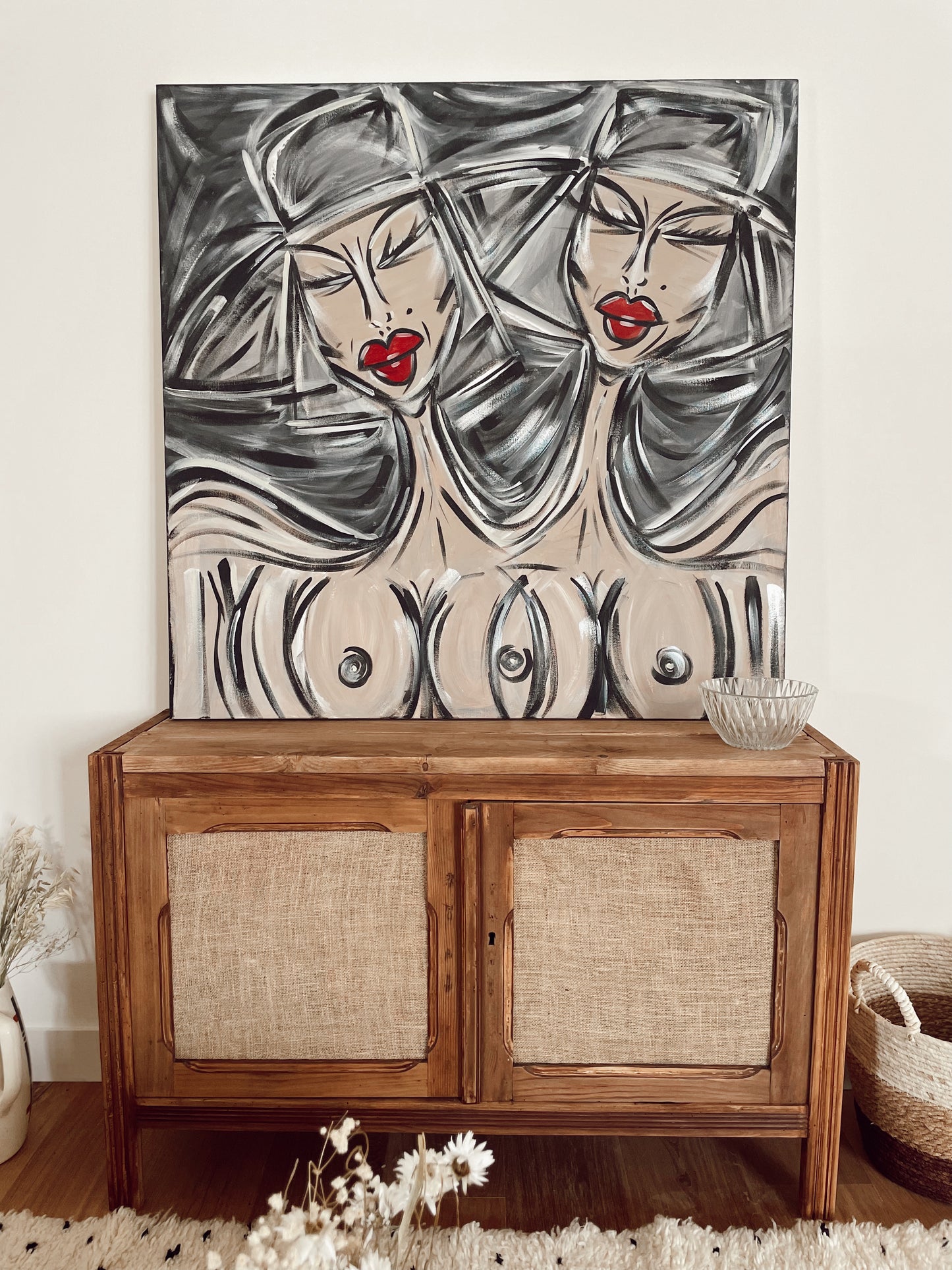 Buffet bas bois brut et Toile de Jute