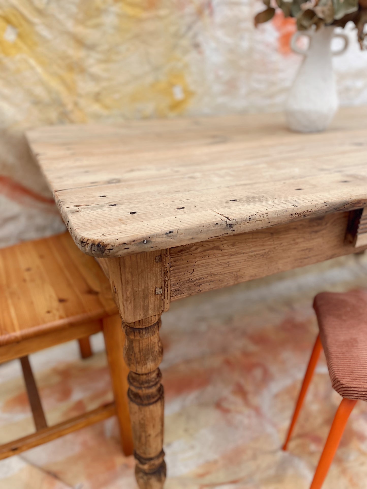 Table de ferme pieds tournés vintage et rustique 156cm