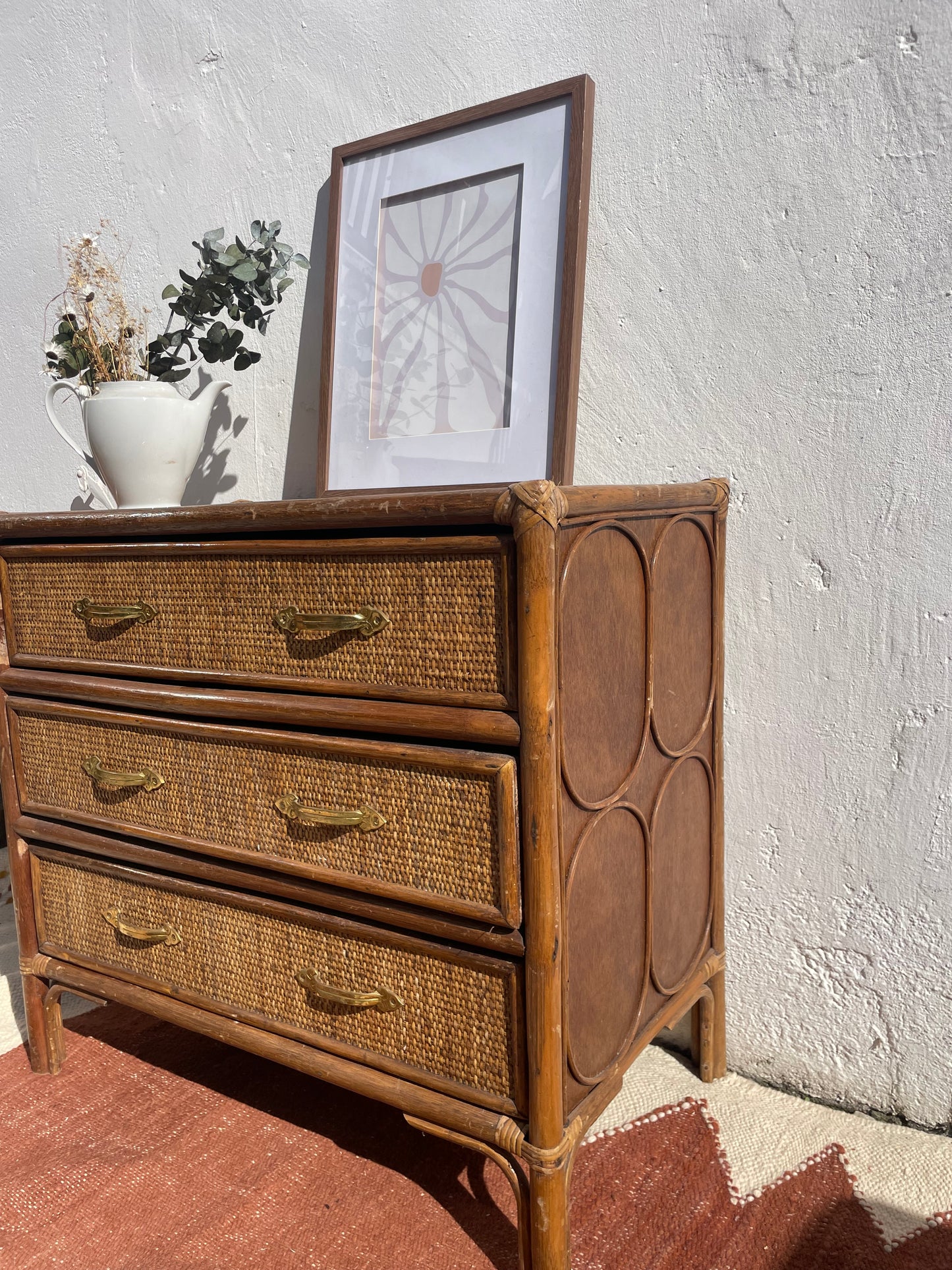 Commode vintage rotin années 50-60