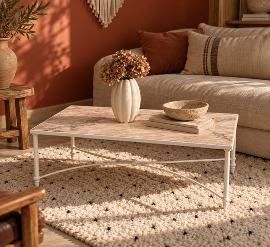 Table basse vintage en marbre rose – 91 cm