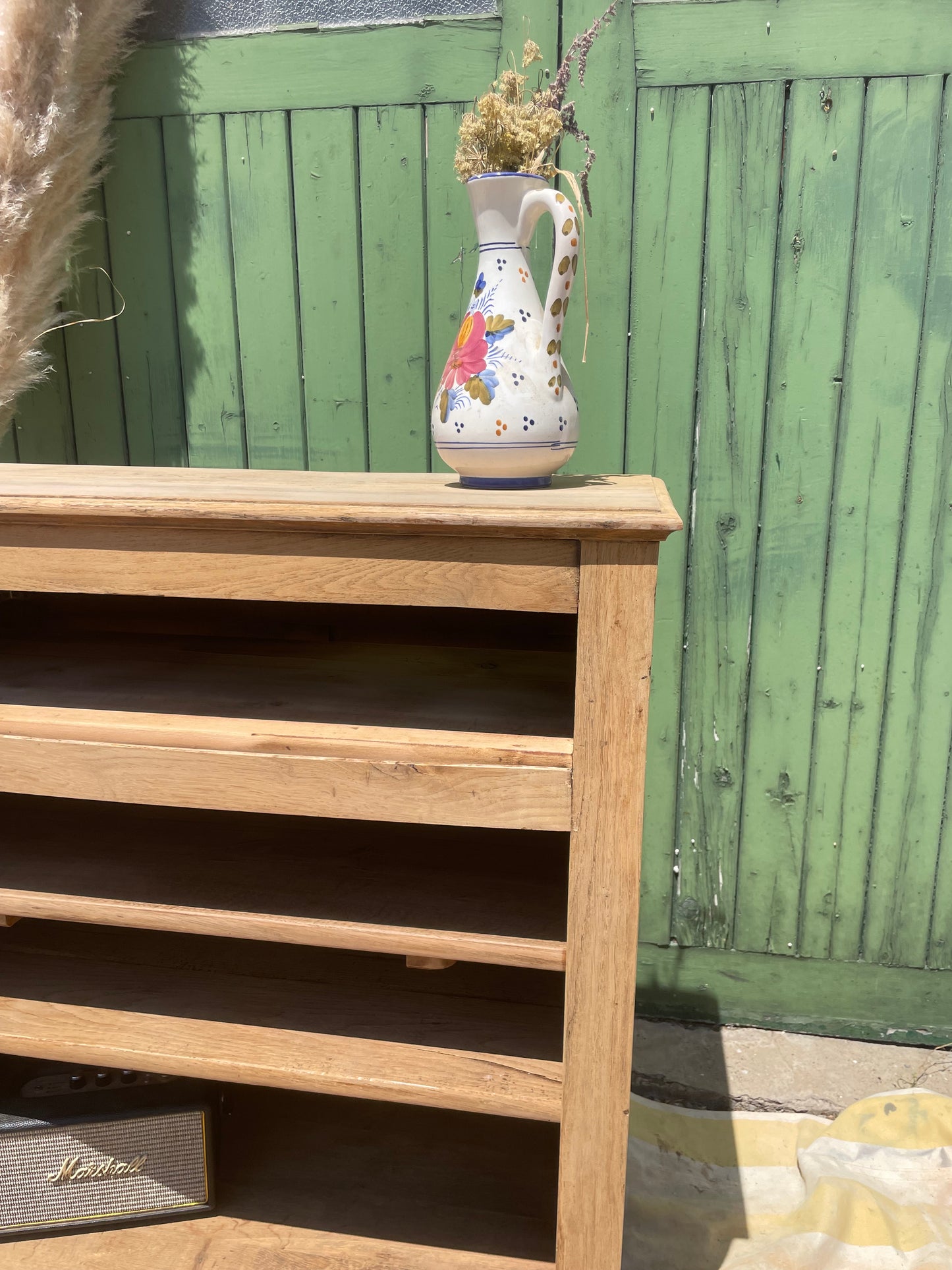 Buffet ouvert vintage bohème, Chêne brut  décapé