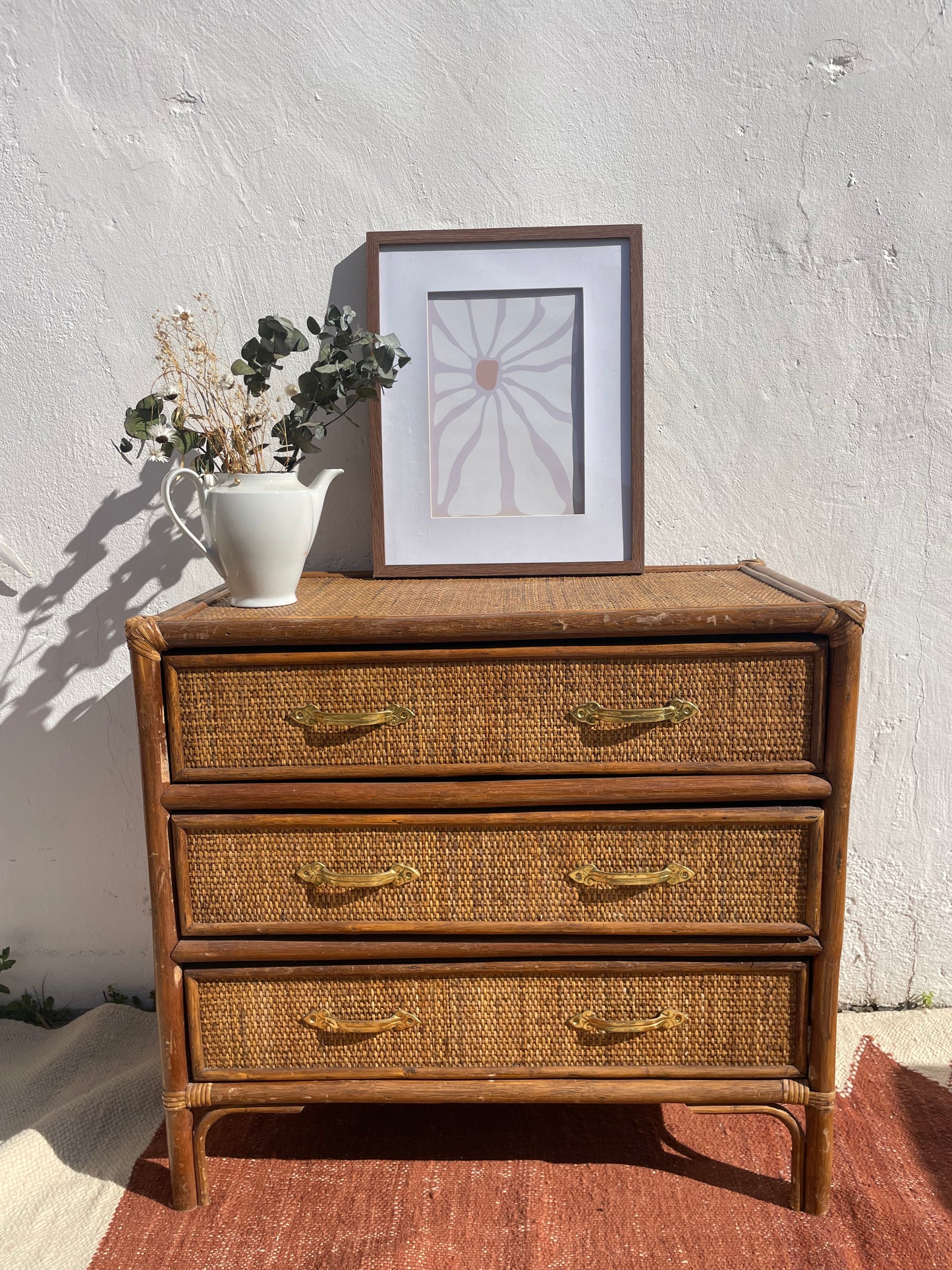 Commode vintage rotin années 50-60