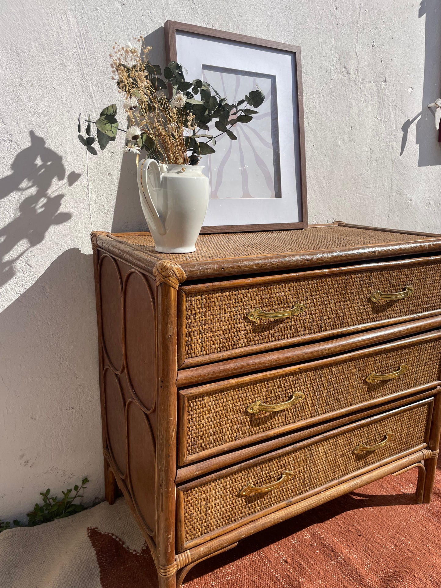 Commode vintage rotin années 50-60