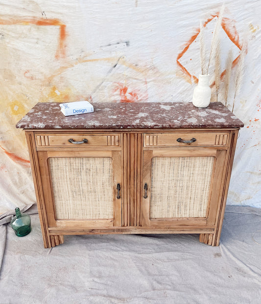 Buffet art deco bois brut raphia et marbre