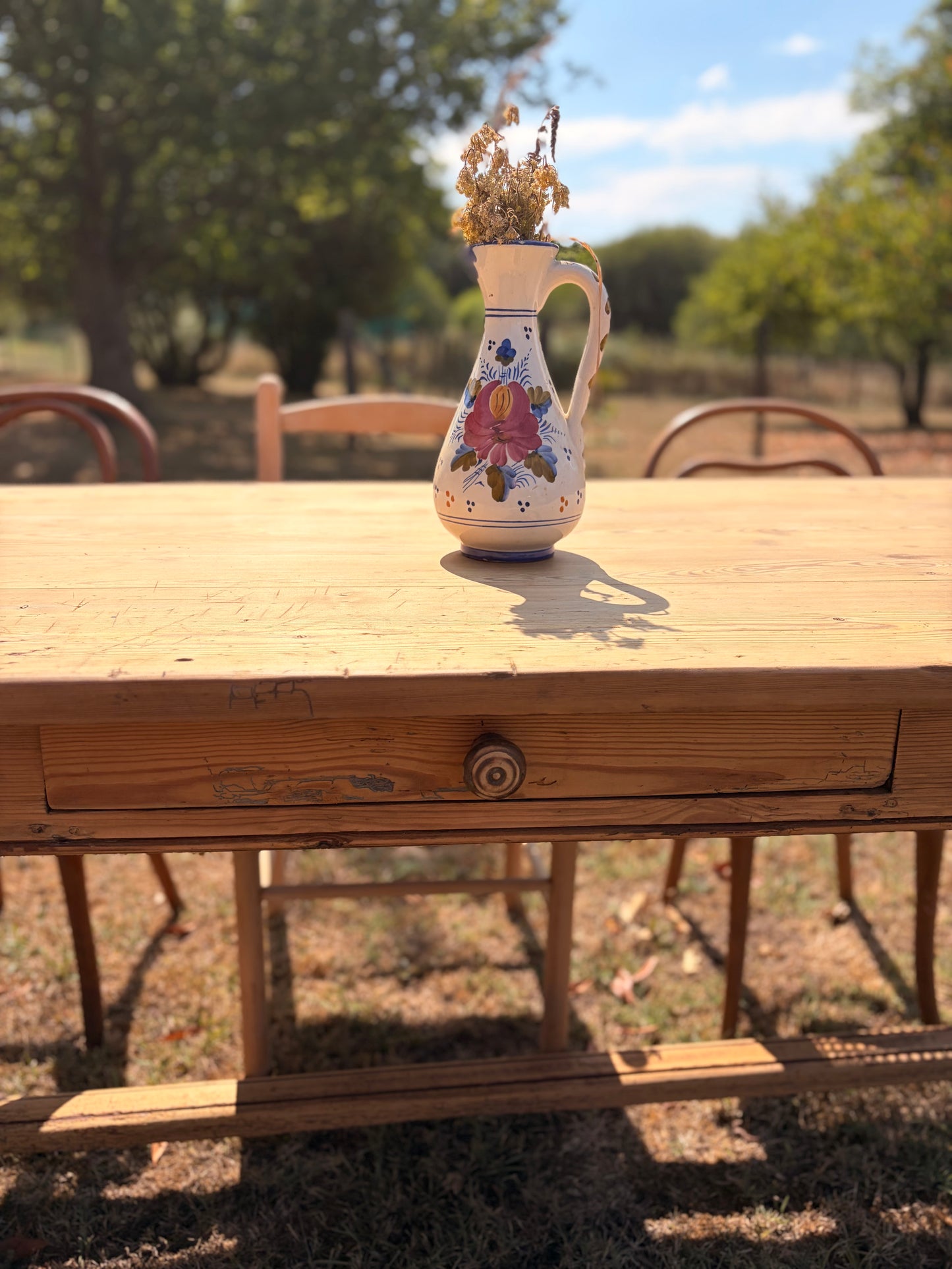 Ancienne table de ferme en bois massif – 200 cm – 3 tiroirs