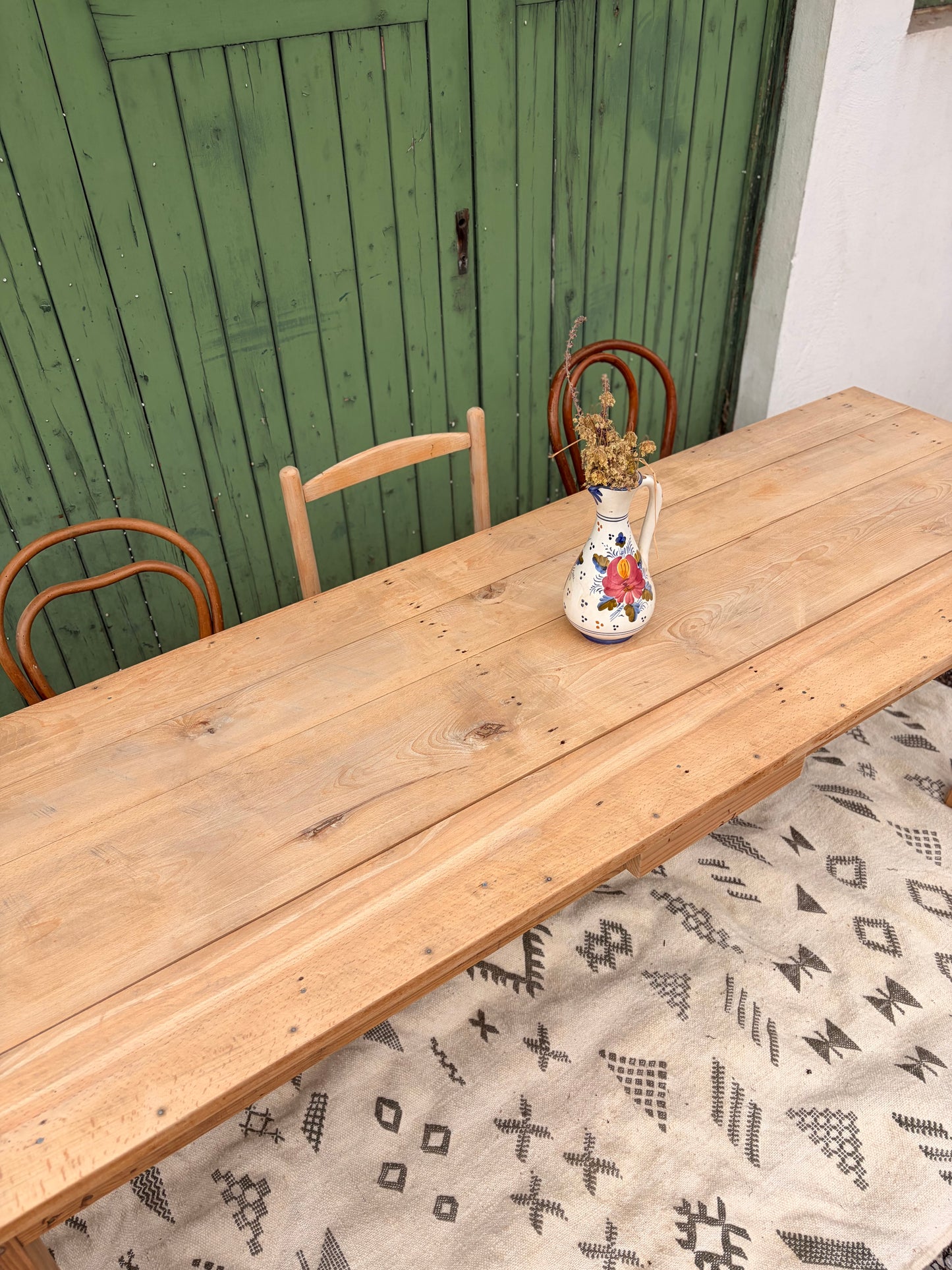 Grande table de ferme ancienne en bois massif 218cm | Table de restaurant vintage –