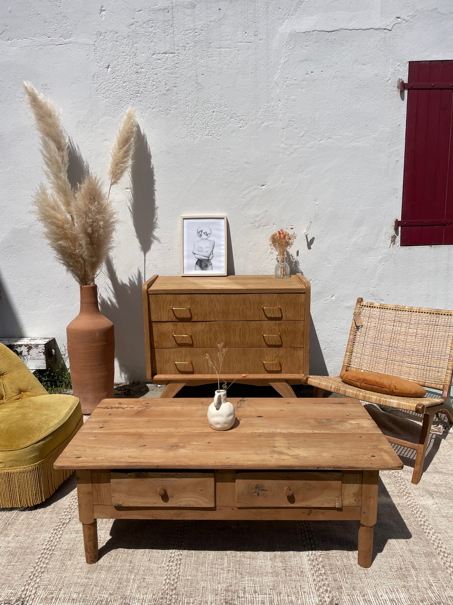 Table basse de ferme ancienne en bois massif – Décapée – 120 x 60 cm