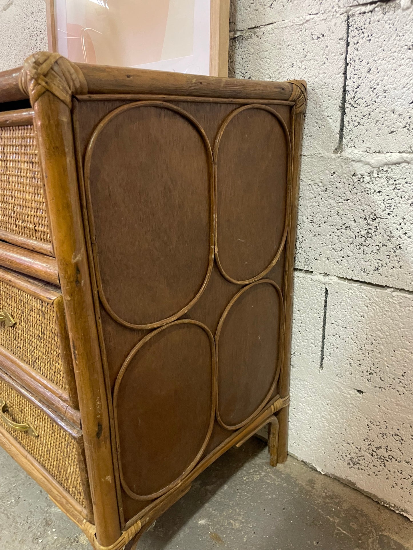 Commode vintage rotin années 50-60