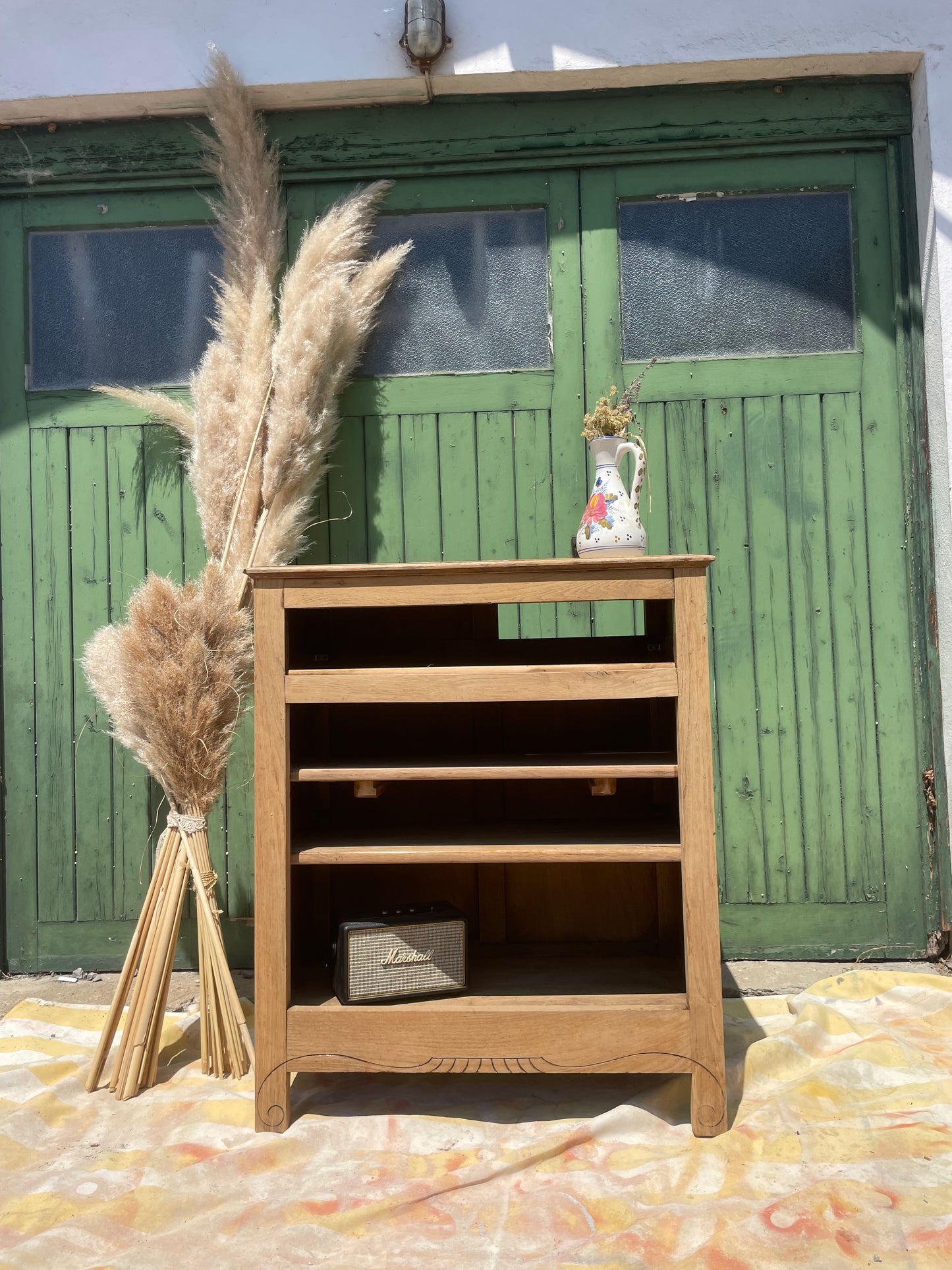 Buffet ouvert vintage bohème, Chêne brut  décapé