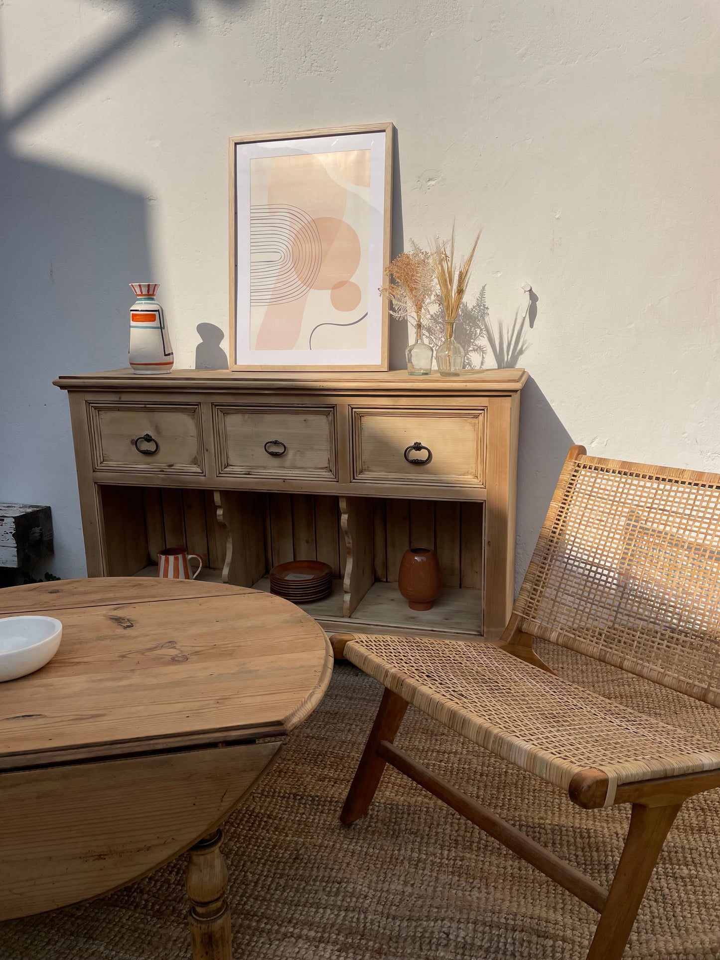 Buffet ancien en bois massif patiné — meuble de rangement faible profondeur 38 cm — style campagne chic