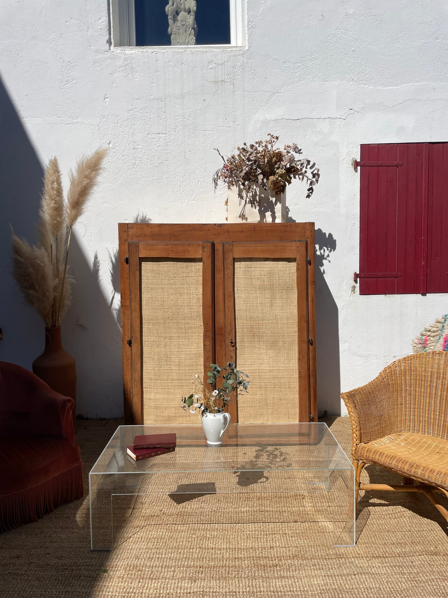 Buffet / Armoire vintage bois brut et raphia