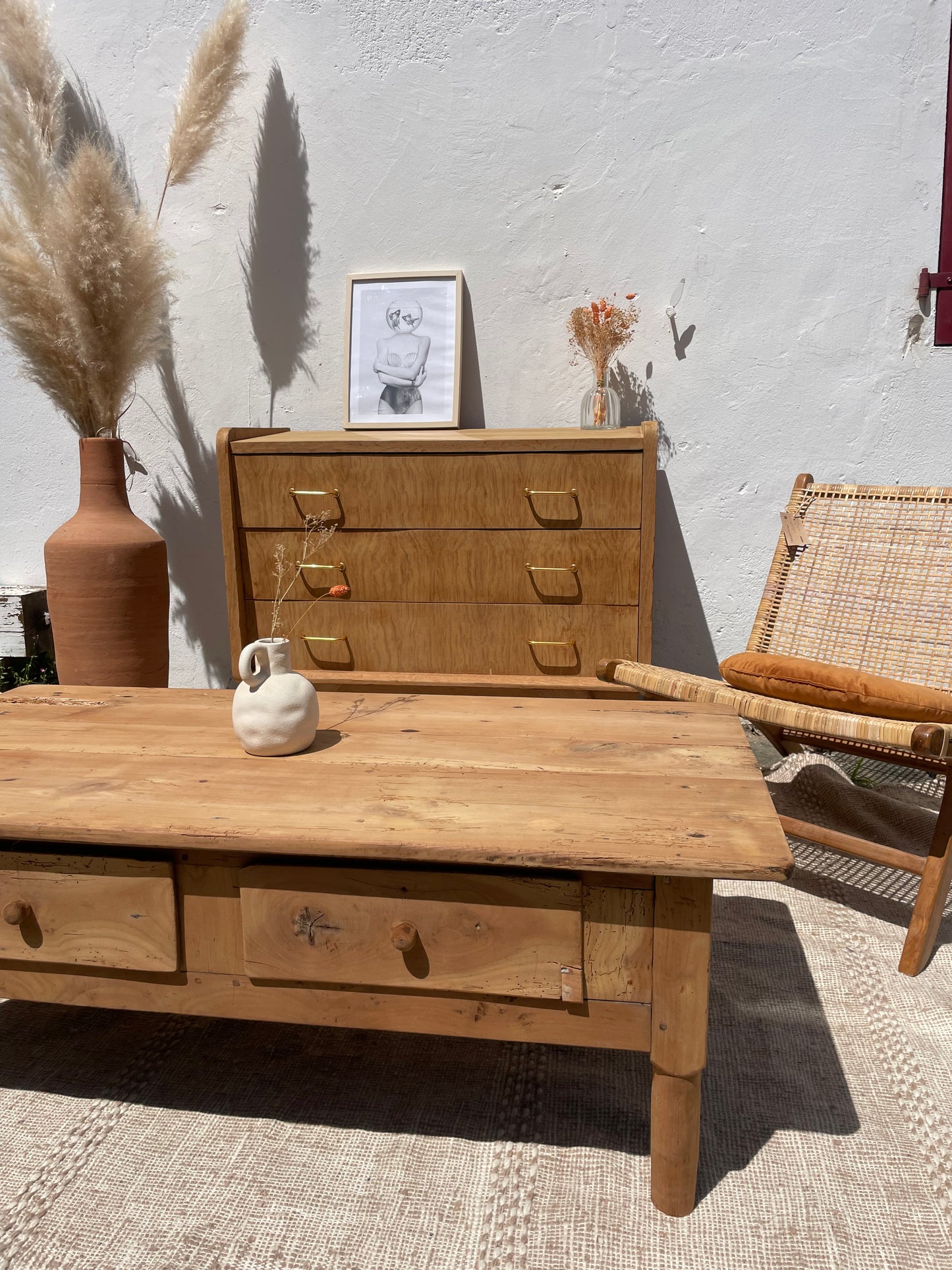 Table basse de ferme ancienne en bois massif – Décapée – 120 x 60 cm