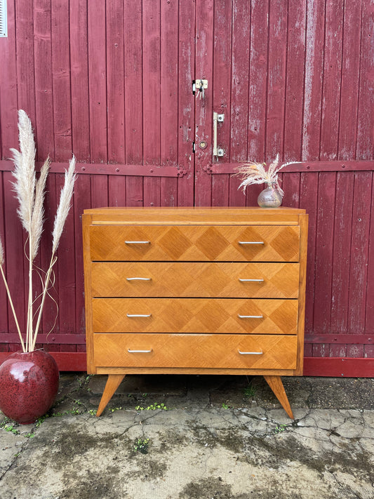 Commode vintage en bois clair à motifs géométriques