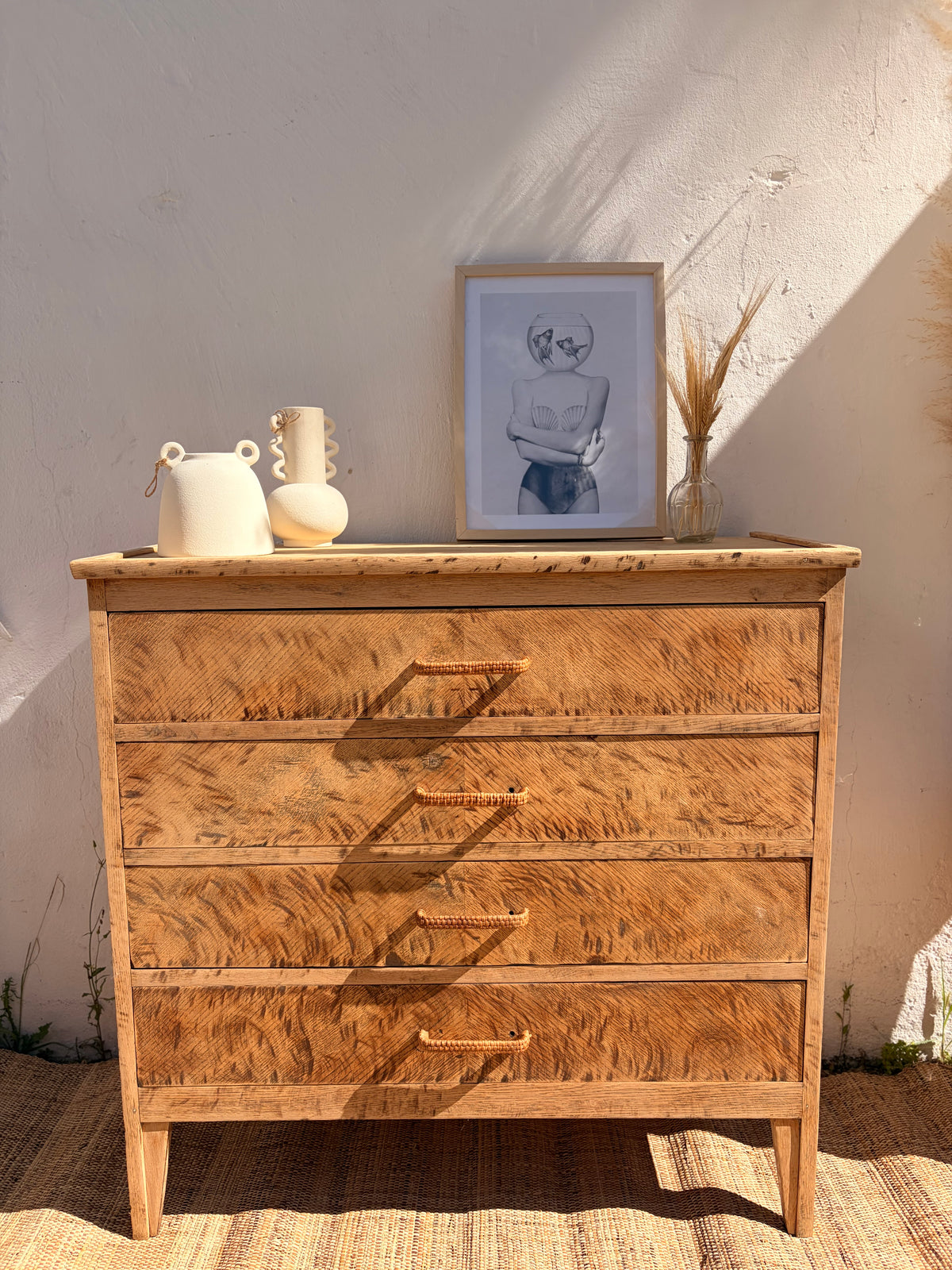 Commode vintage en chêne – 4 tiroirs & patine léopard