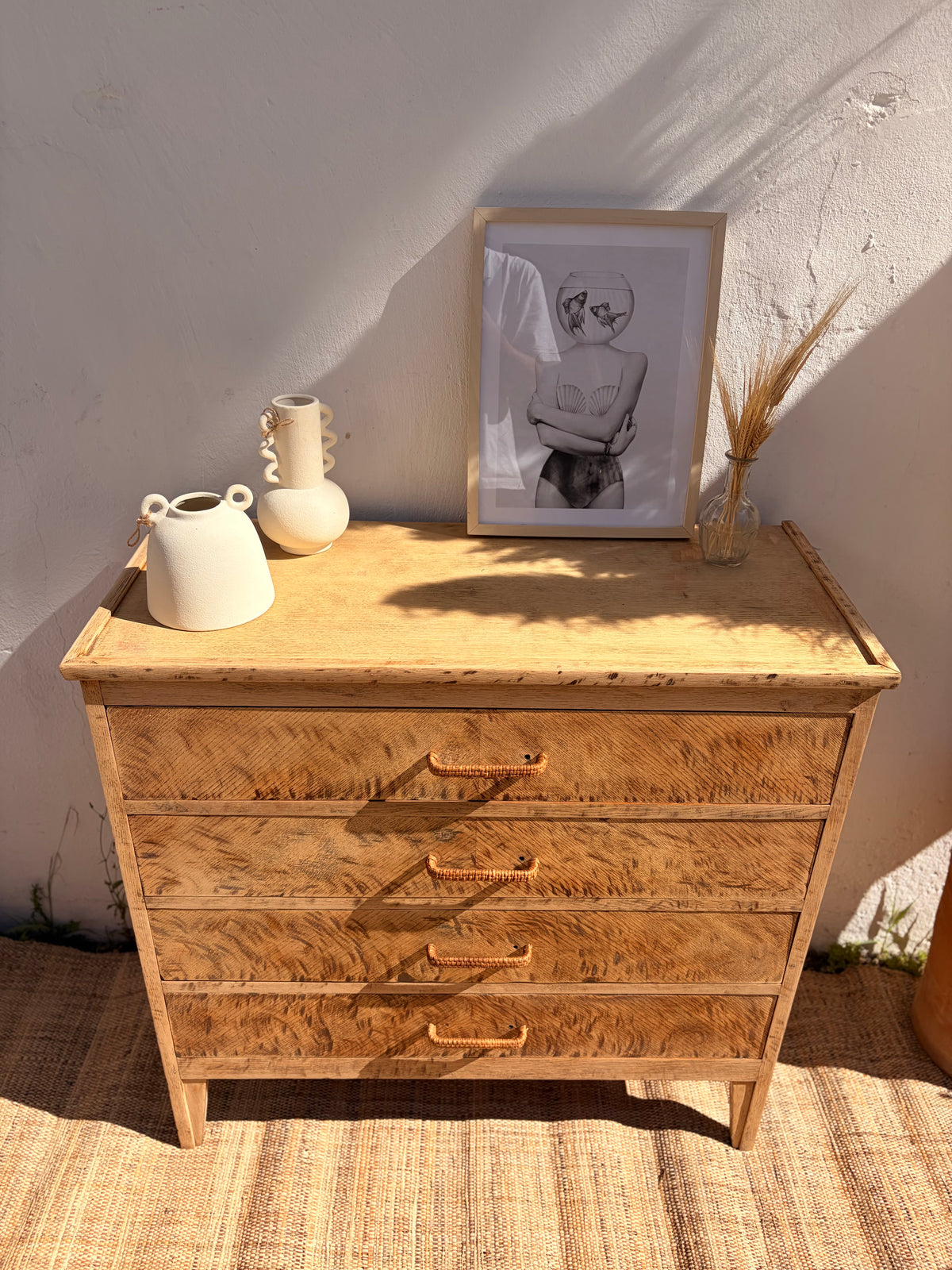 Commode vintage en chêne – 4 tiroirs & patine léopard