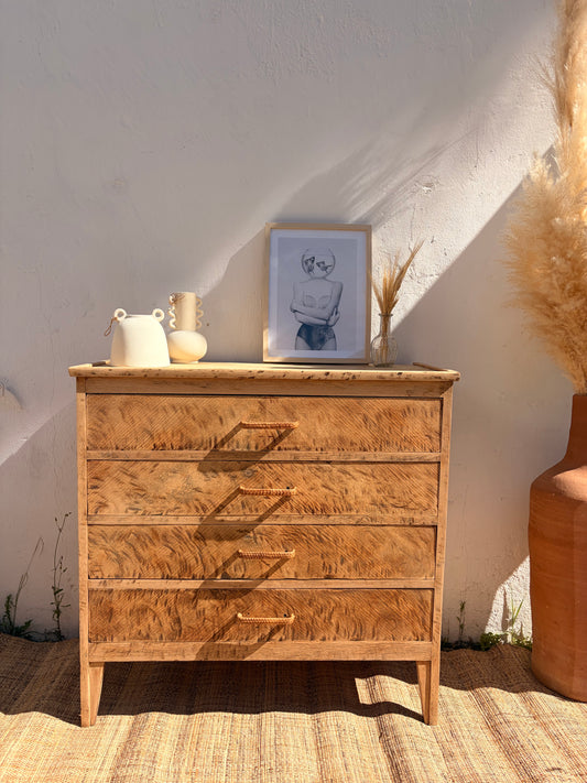 Commode vintage en chêne – 4 tiroirs & patine léopard