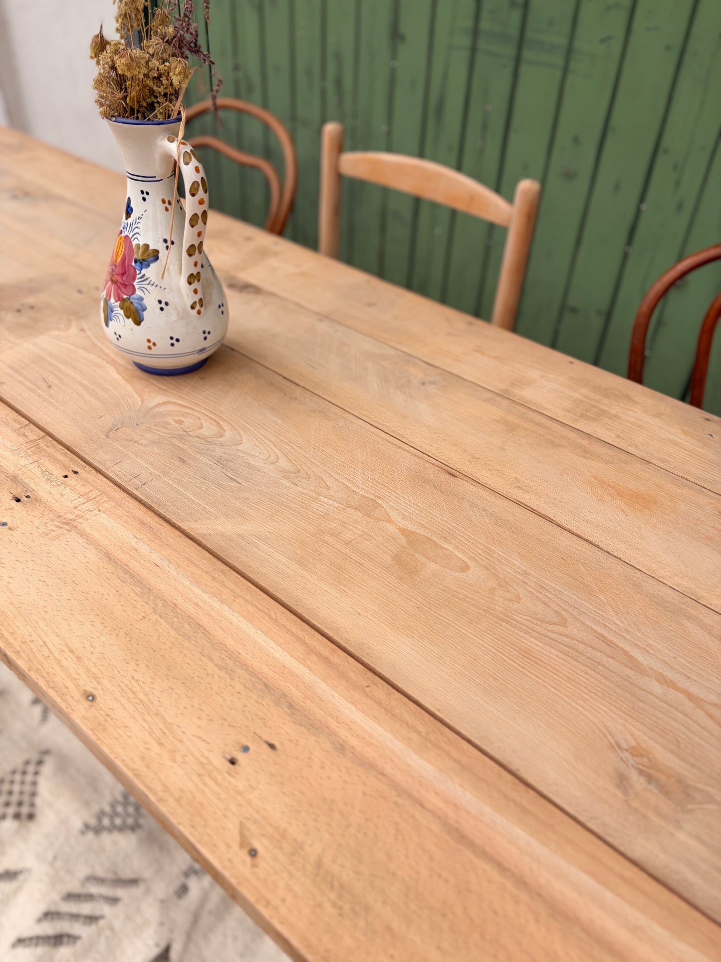Grande table de ferme ancienne en bois massif 218cm | Table de restaurant vintage –