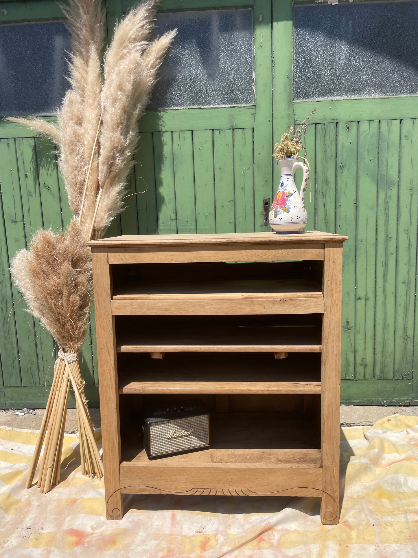 Buffet ouvert vintage bohème, Chêne brut  décapé