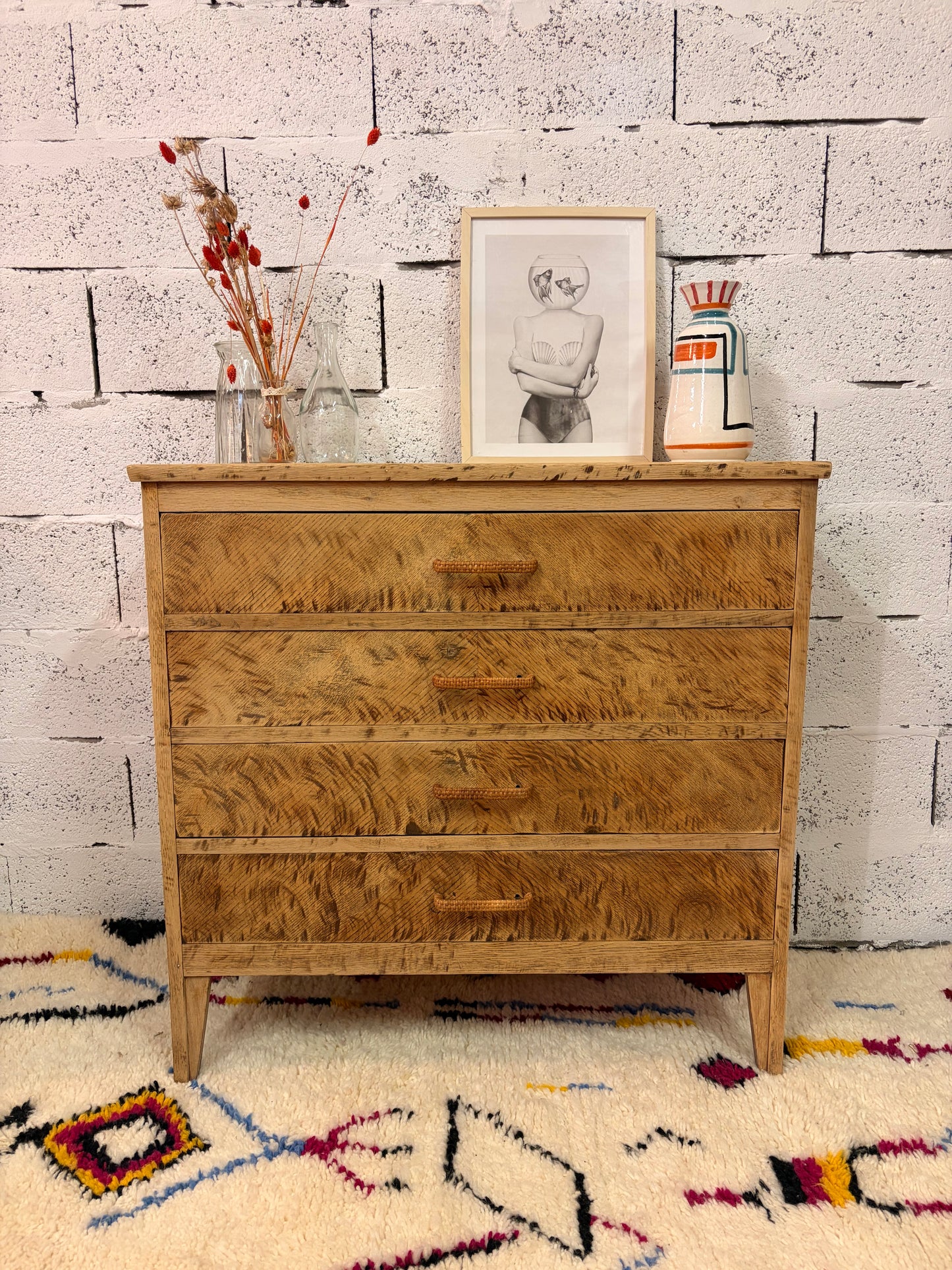 Commode vintage chêne 4 tiroirs, patine Léopard