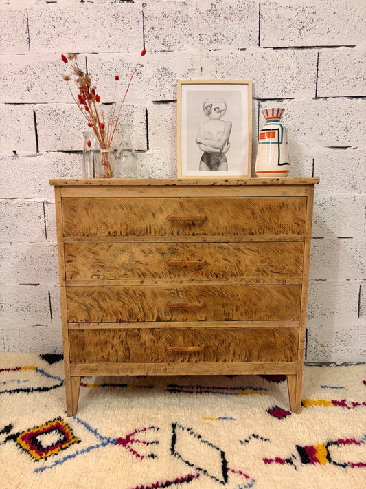 Commode vintage chêne 4 tiroirs, patine Léopard