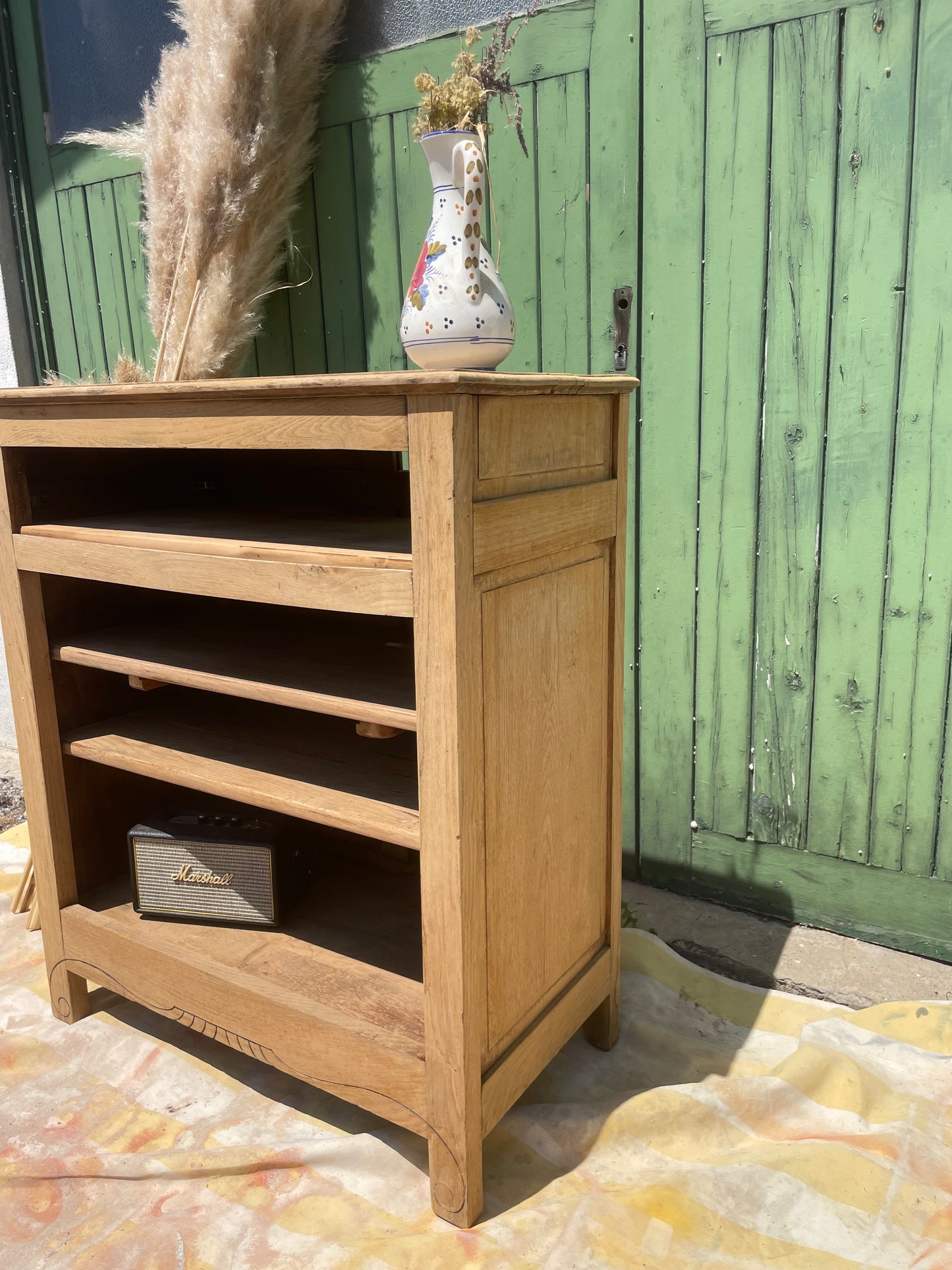 Buffet ouvert vintage bohème, Chêne brut  décapé