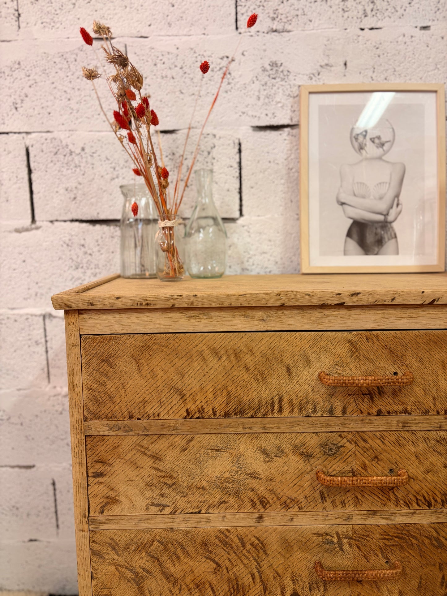 Commode vintage chêne 4 tiroirs, patine Léopard