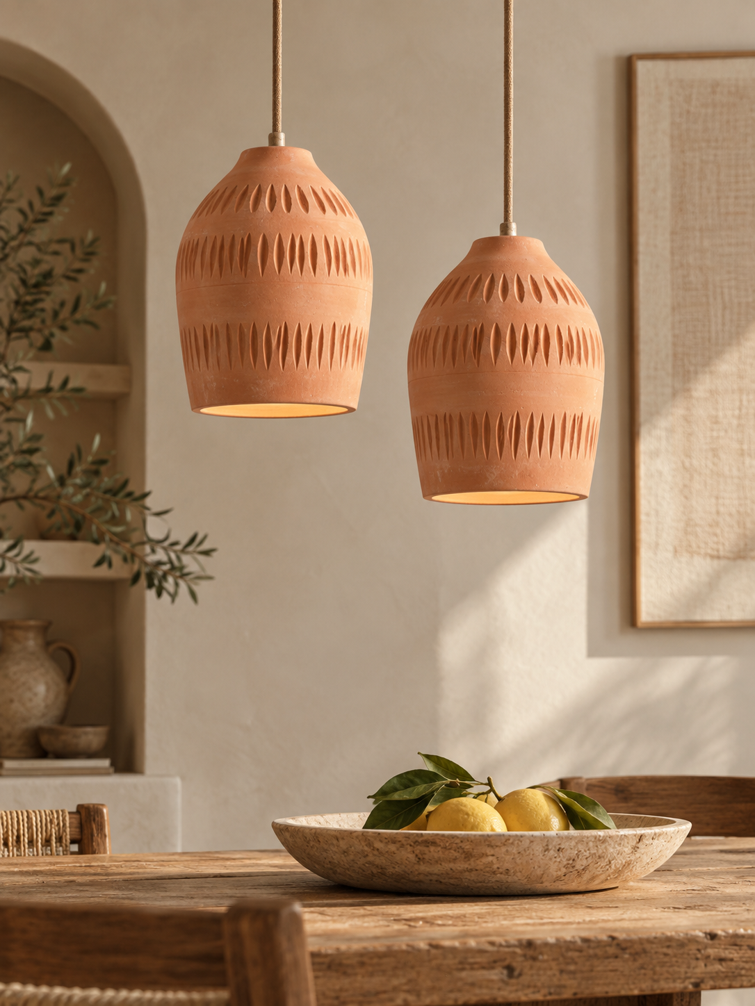 Suspension artisanale en terre cuite « Tazra » – Ø17 × H22 cm