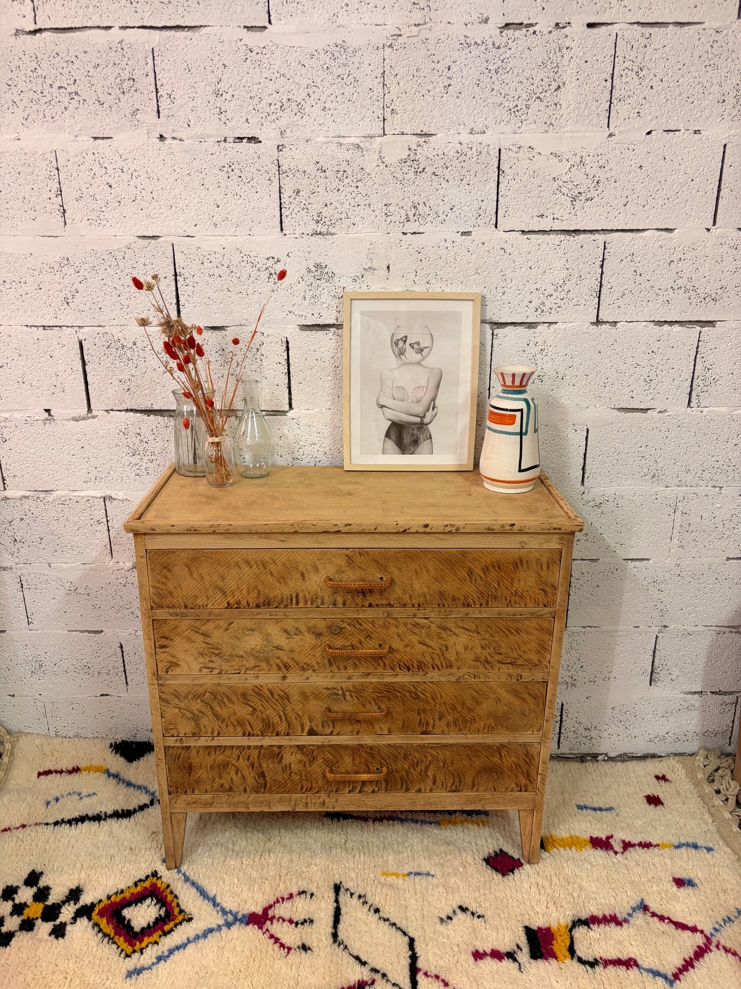 Commode vintage chêne 4 tiroirs, patine Léopard
