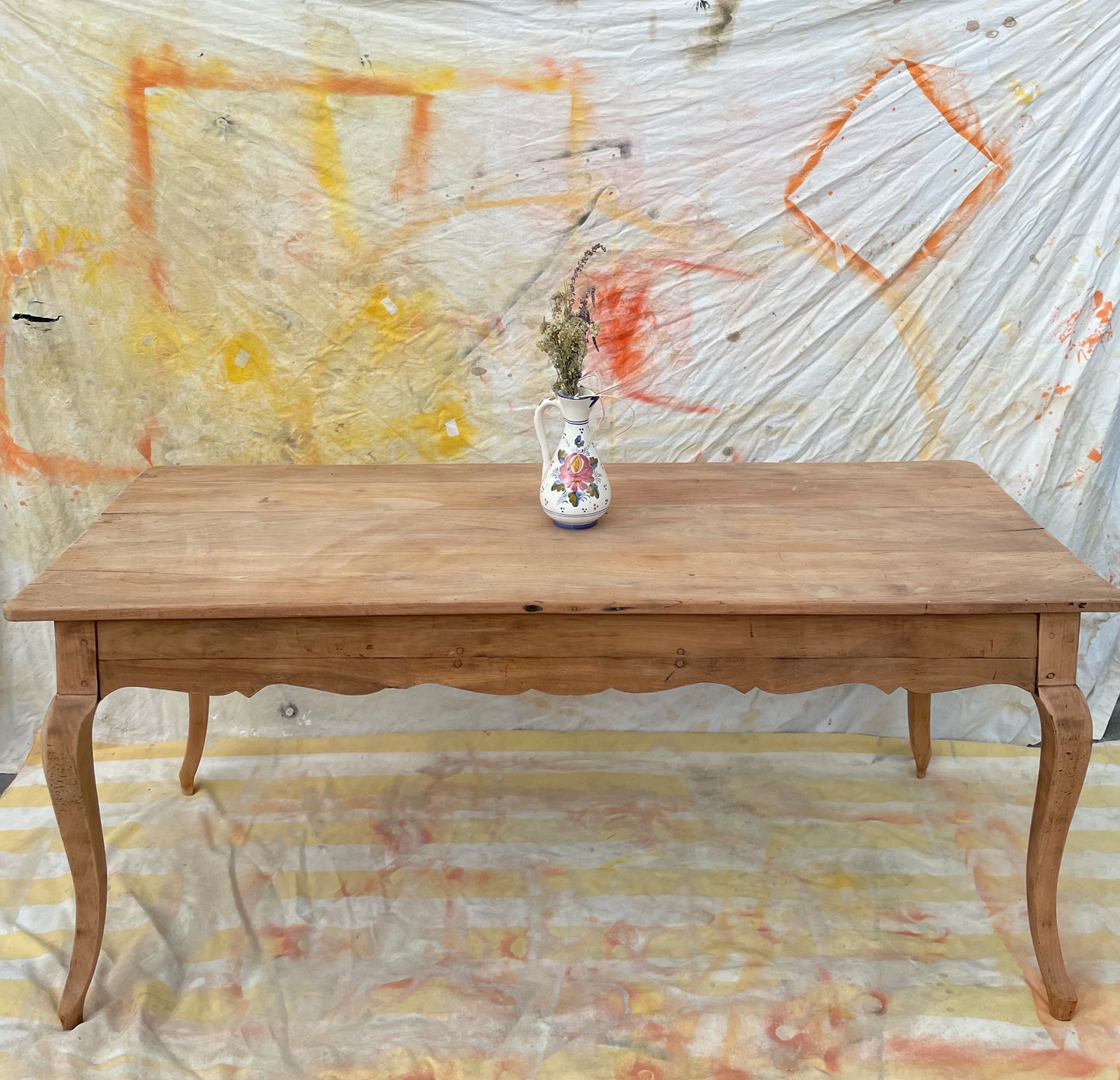 Table de ferme provençale vintage en bois massif – 183 cm – 2 tiroirs