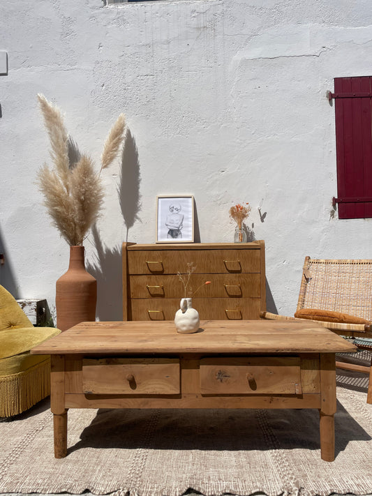 Table basse de ferme ancienne en bois massif – Décapée – 120 x 60 cm
