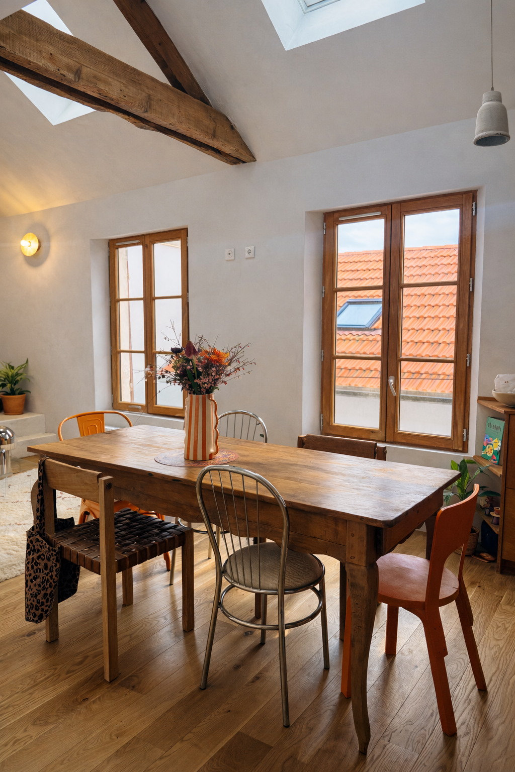 Table de ferme provençale vintage en bois massif – 183 cm – 2 tiroirs