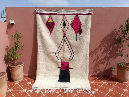 Tapis Béni Ouarain Graphique, motifs violet, 100% laine naturel, tissage à la Main