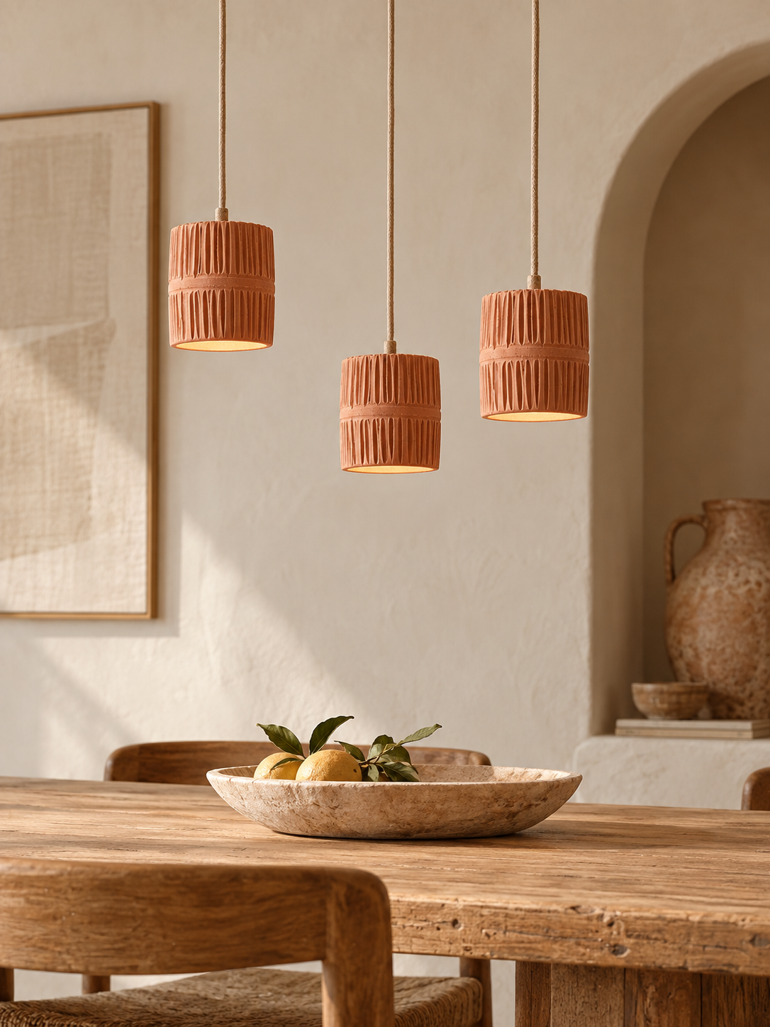 Suspension artisanale en terre cuite sculptée « Sirocco » – Ø11 cm