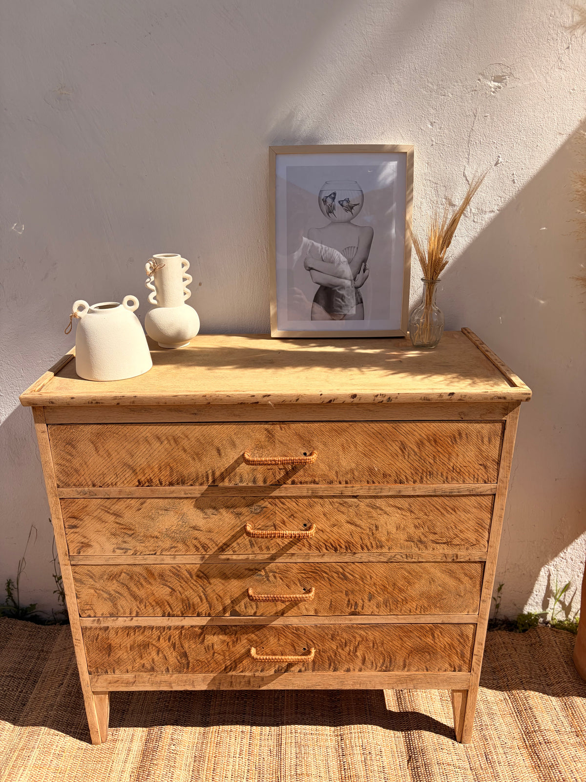 Commode vintage en chêne – 4 tiroirs & patine léopard